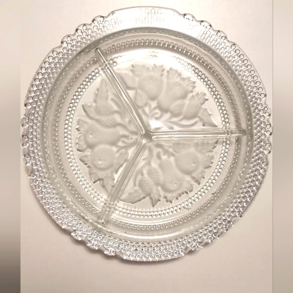 IMPERIAL GLASS INGAGLIO DIVIDED DISH Serving Pear Berry Fruit Pattern Beaded Rim
